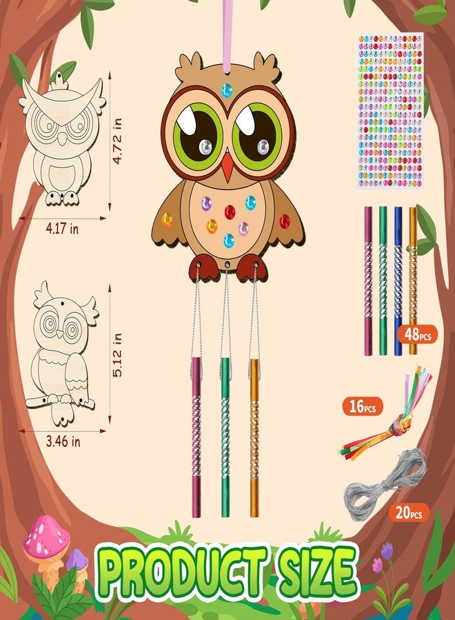 TREACLUB 16 Pack Fall Owl Wind Chime Kits for Kids, Make Your Own Owl Wind Chime DIY Coloring Paint Wooden Arts and Crafts Birthday Game for Girls Boys Fall Crafts - Image 2
